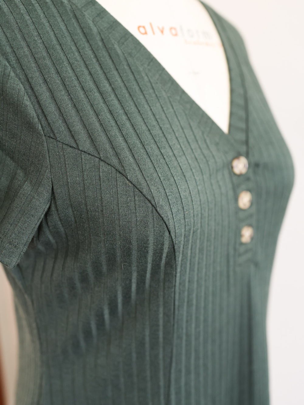 Dark Green Ribbed V-Neck Short Sleeve Tennis Mini Dress - Picture 4 of 7